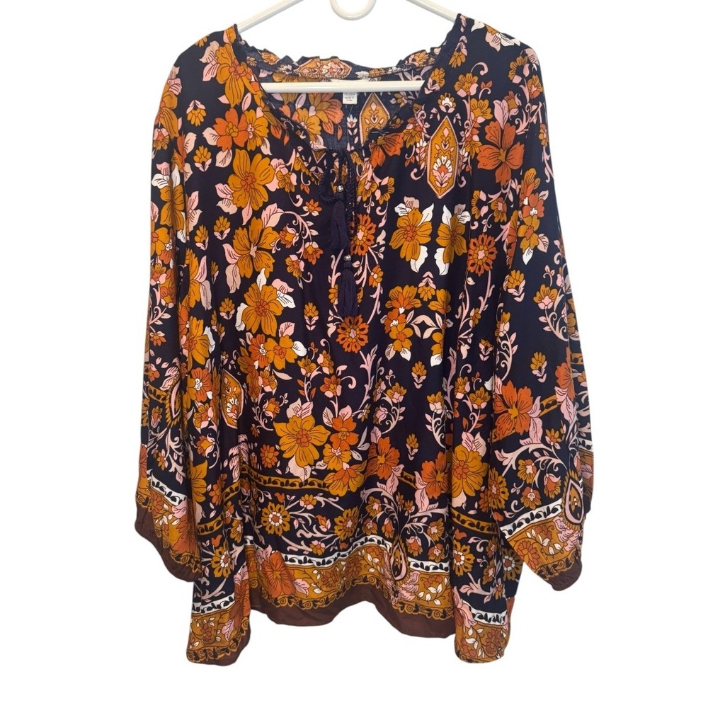 Cato Womens Navy Floral Peasant Tassel Tie Long Sleeve Top Plus 26/28W NEW